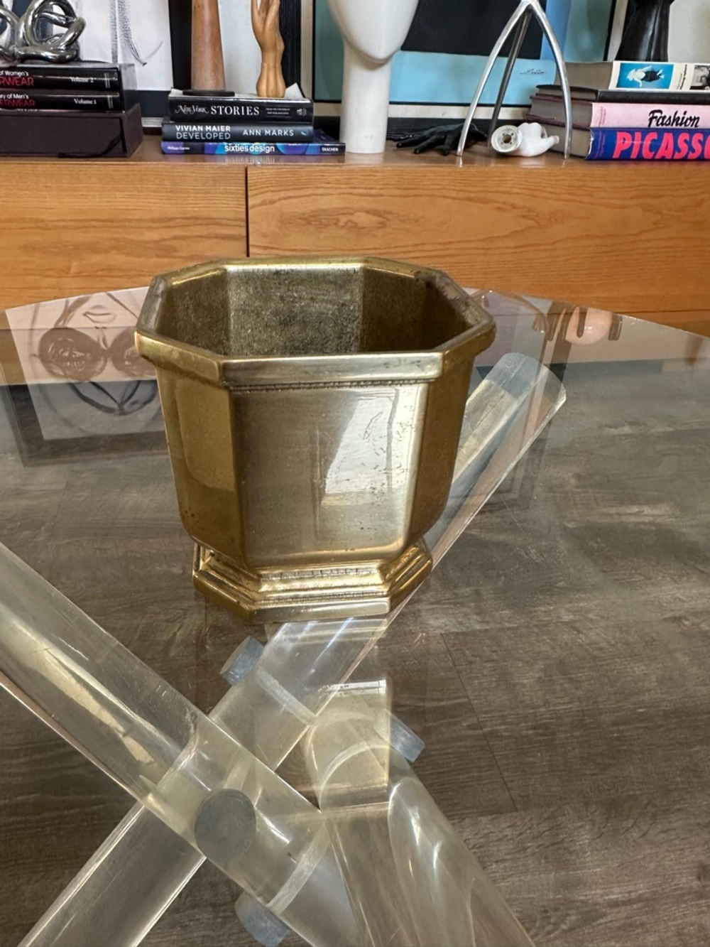 Vintage Brass Octagonal Planter - Gold Decorative Home Accent